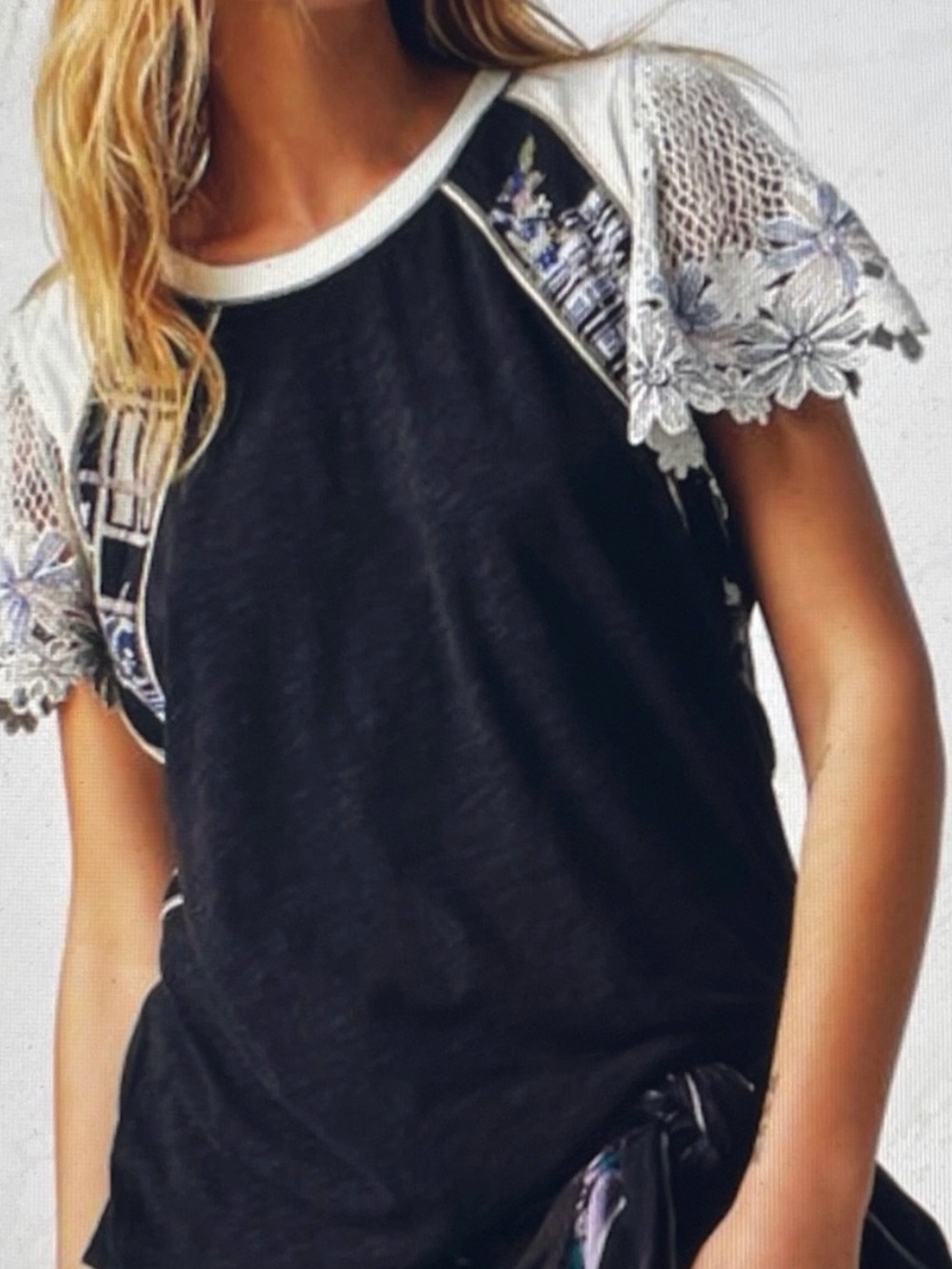 Free People As if Tee Shirt Bohemian Crochet Sleeves Size XS